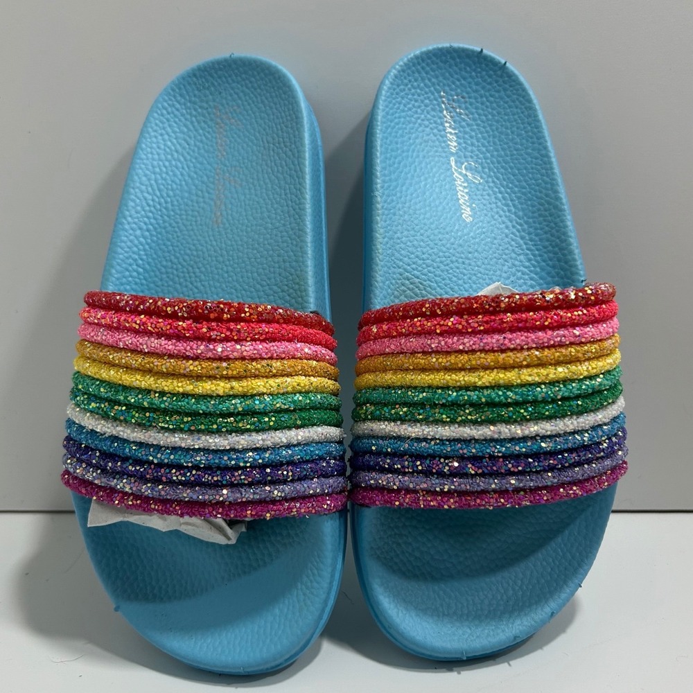 Lauren Lorraine Blue Rainbow Glitter Slide Sandals CZ-R1LL Womens Size‎ 6